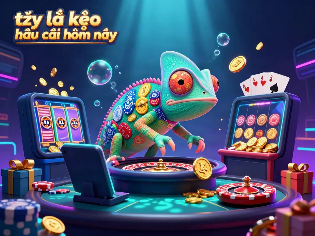 Engaging 3D illustration showcasing tỷ lệ kèo nhà cái hôm nay with chameleon casino owner amidst vibrant casino activities.