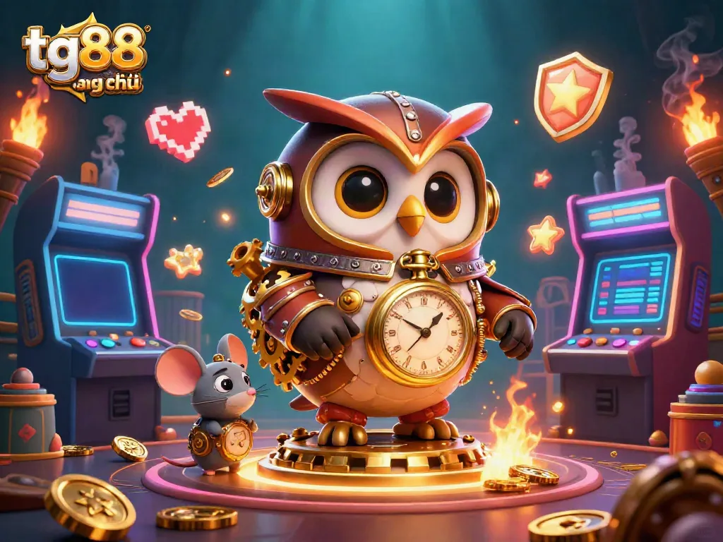 Engage with vibrant gambling action at tg88 trang chủ featuring a dynamic scene with a time-traveling owl and arcade games.
