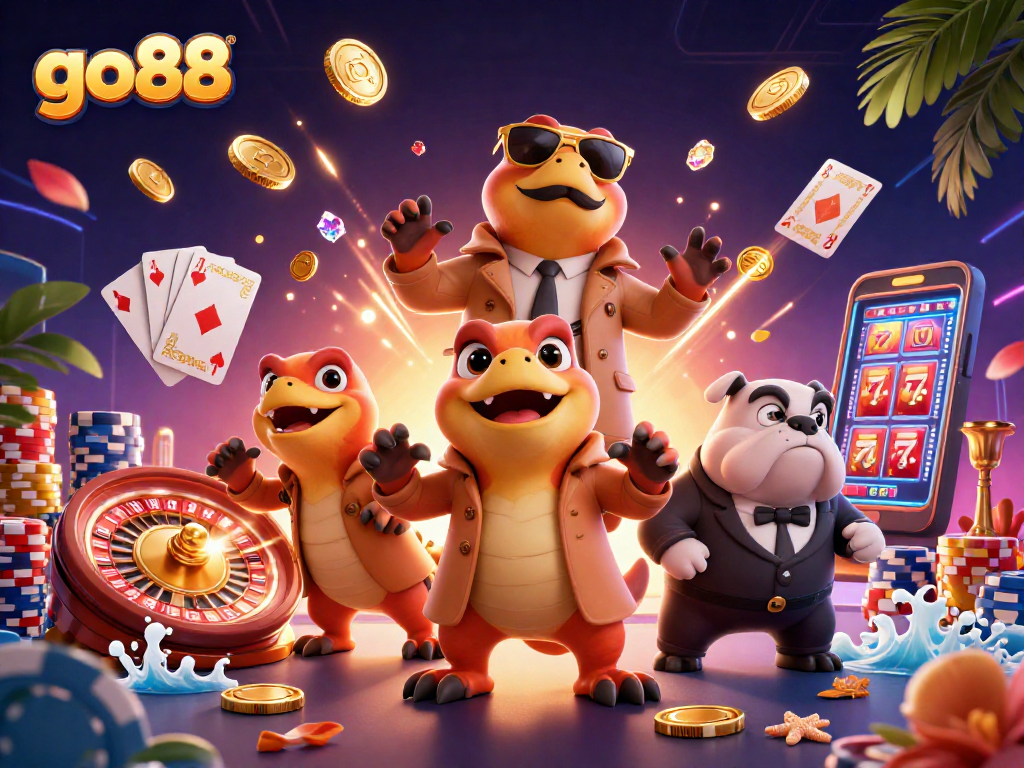 Bet on go88 with thrilling 3D cartoon raptors at a VIP casino lounge, fun and engaging!