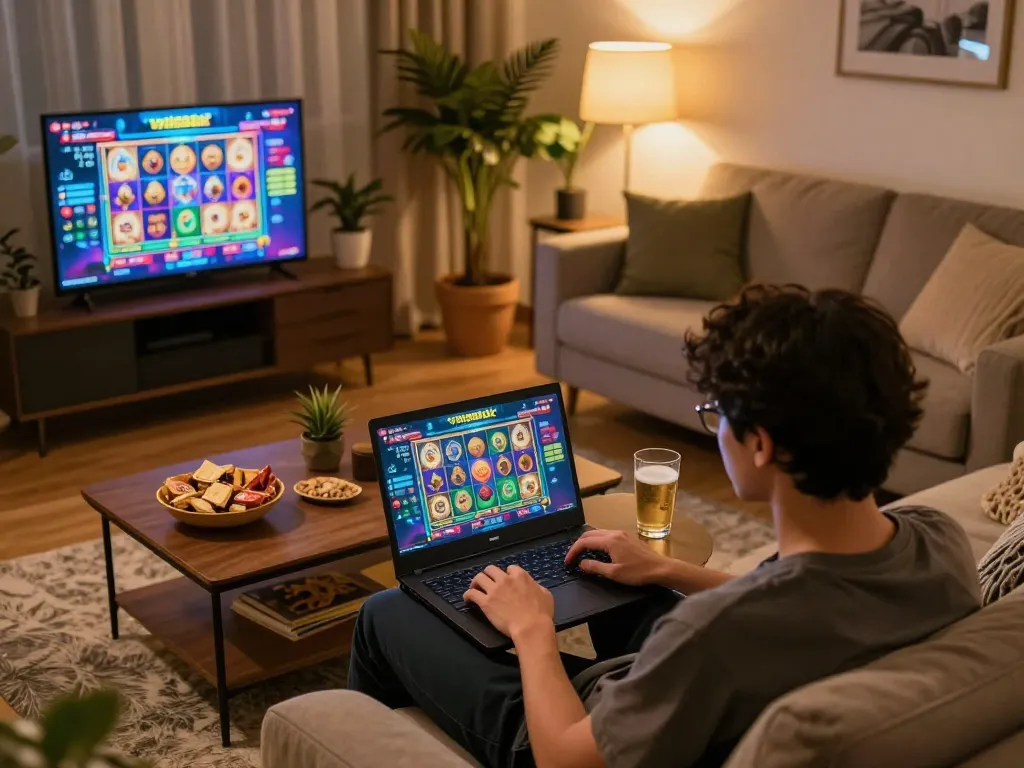 Player enjoying an online game on vin88lk in a cozy setting, engaging atmosphere with snacks and laptop.