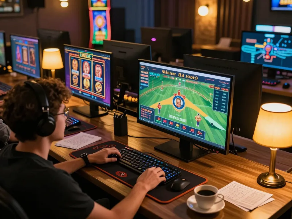 Player enjoying multiple online casino games, including slots and blackjack, in a cozy gaming setup, themed around 789