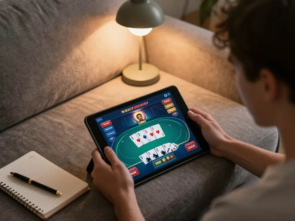88vv player enjoying online casino gaming on a tablet at home during evening.