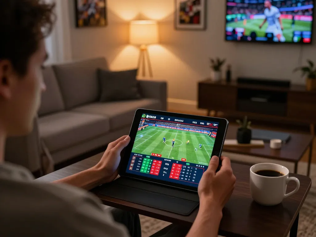Person engaging with keonhacaii online sports betting app at a cozy living room.