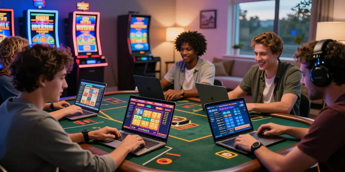 Giocatori che si divertono nei casino sicuri non AAMS su dispositivi, mostrando entusiasmo in un vivace ambiente di gioco digitale.