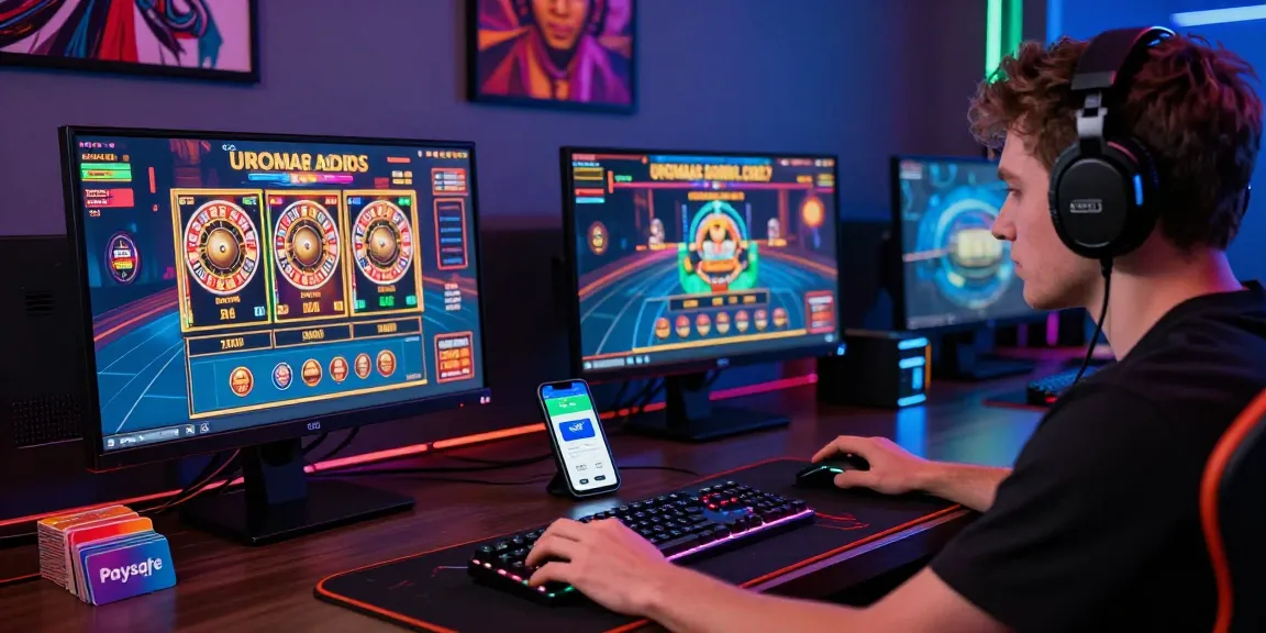 Paysafe Card Casino Gaming-Setup mit lebhaftem Spielraum, Spieler fokussiert auf Bildschirme mit Casino-Spielen.