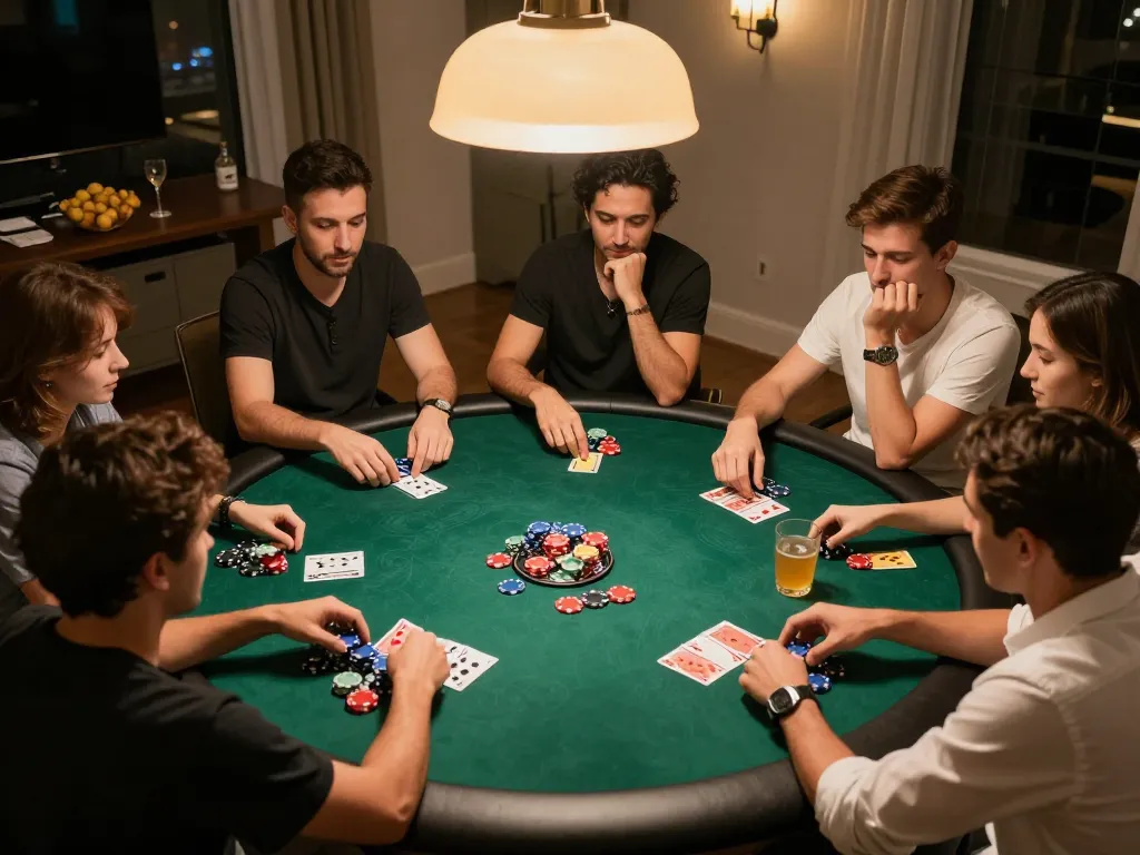 B52club viewers enjoying a fun home poker game night with friends surrounded by chips and cards.