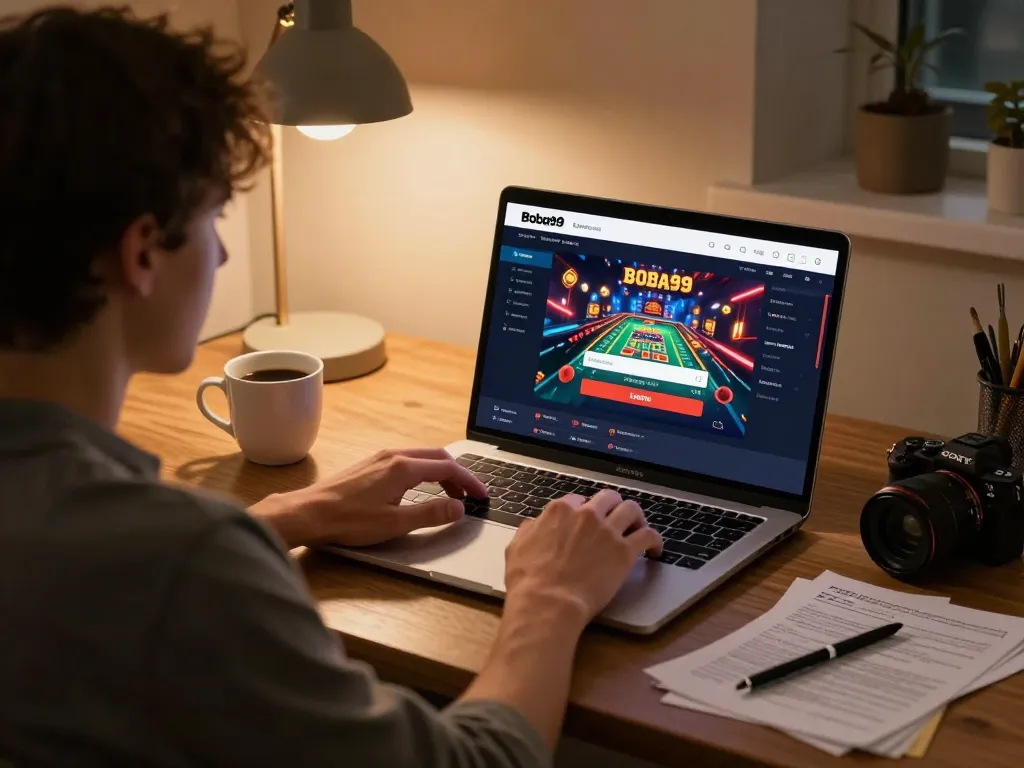 Portal Login Boba99 ditampilkan di layar laptop saat seorang pengguna terlibat dalam permainan online strategis.