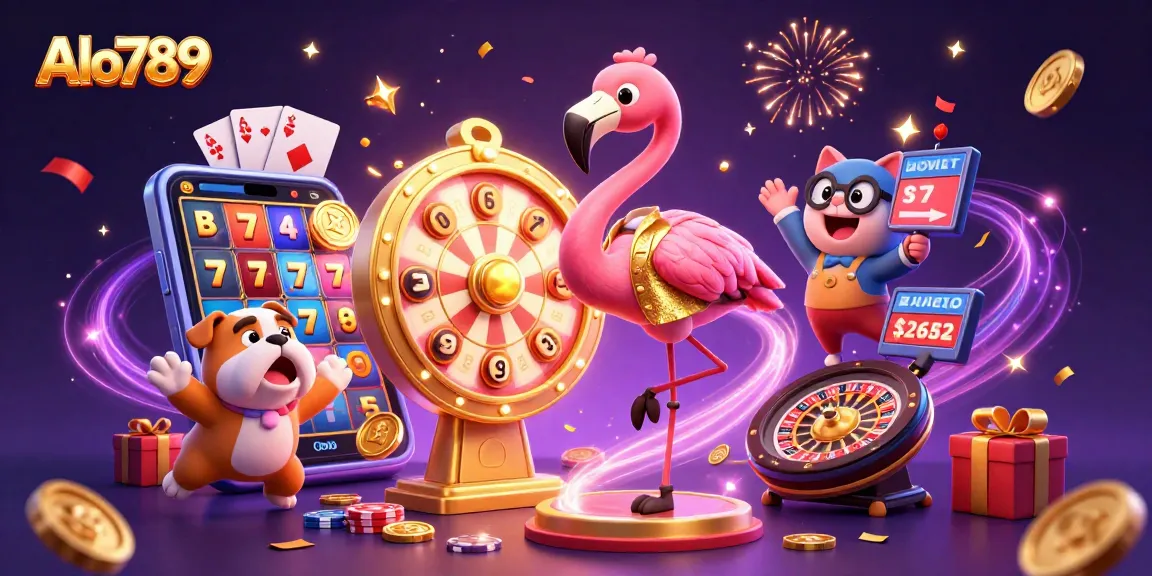 Alo789 offers thrilling online gaming with a vibrant jackpot scene featuring a flamingo game host, inviting players to join the fun.