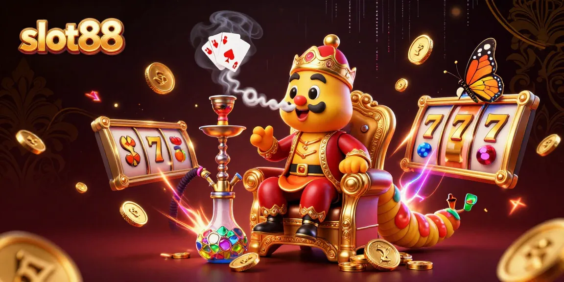 Experience thrilling spins with slot88 symbols surrounding a vibrant caterpillar master in a luxury casino.