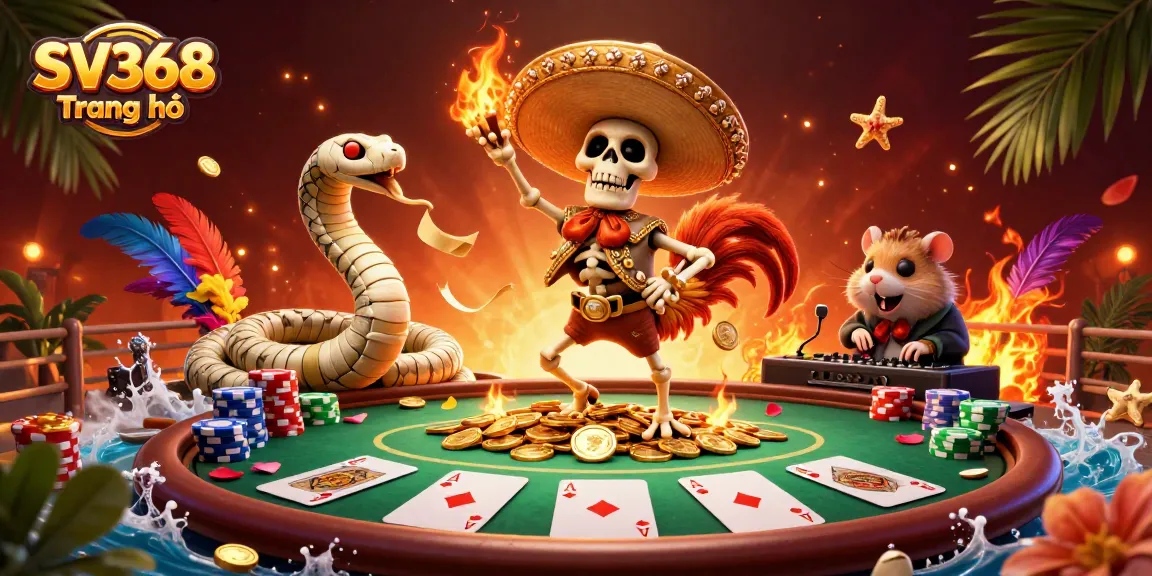 Experience thrilling victories with SV368 Trang chủ featuring a lively mariachi rooster, mummy snake, and a DJ hamster celebrating on golden coins.