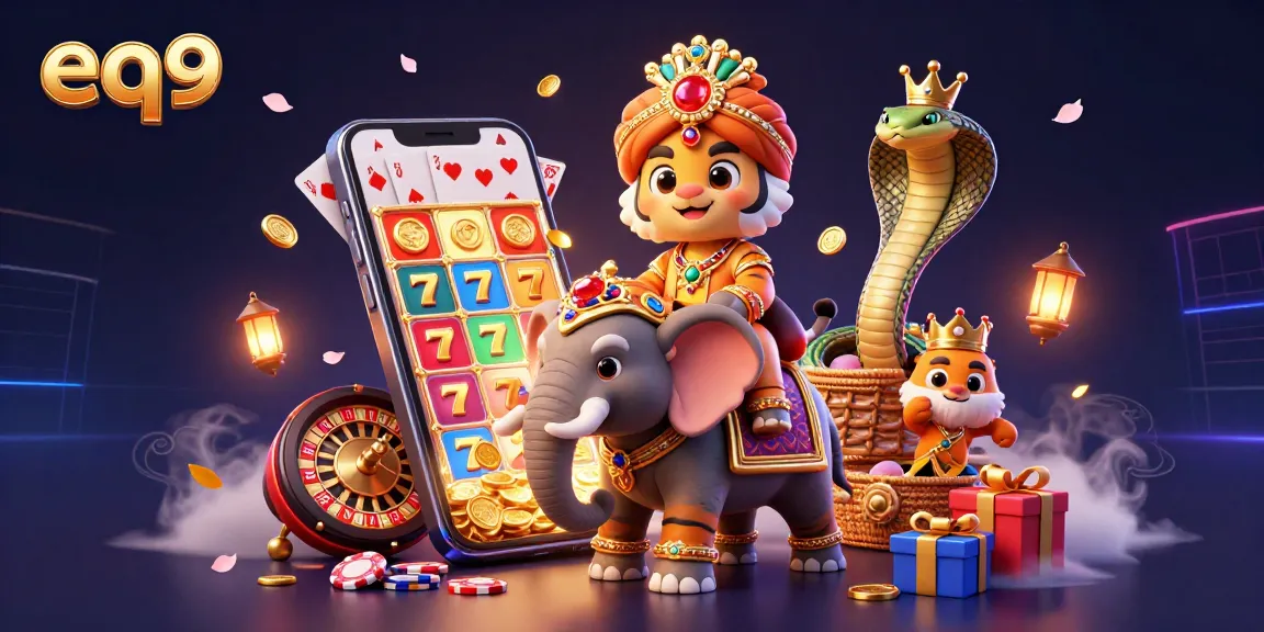 Experience thrilling gameplay with EQ9, featuring a vibrant 3D cartoon casino scene full of exciting slot games.