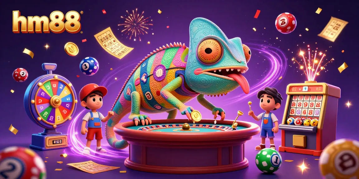 hm88 chameleon casino owner grabs golden coins amidst colorful lottery elements in a vibrant casino scene