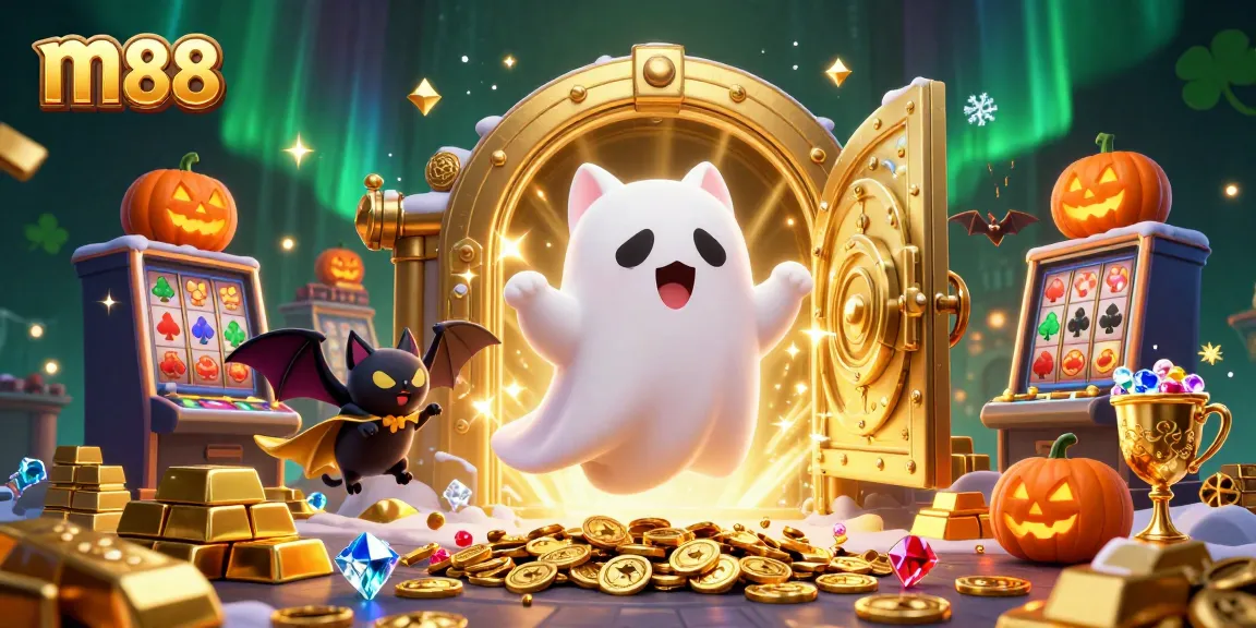 Experience thrilling gaming action at m88 with a whimsical ghost cat and vampire bat in a vibrant haunted casino scene.