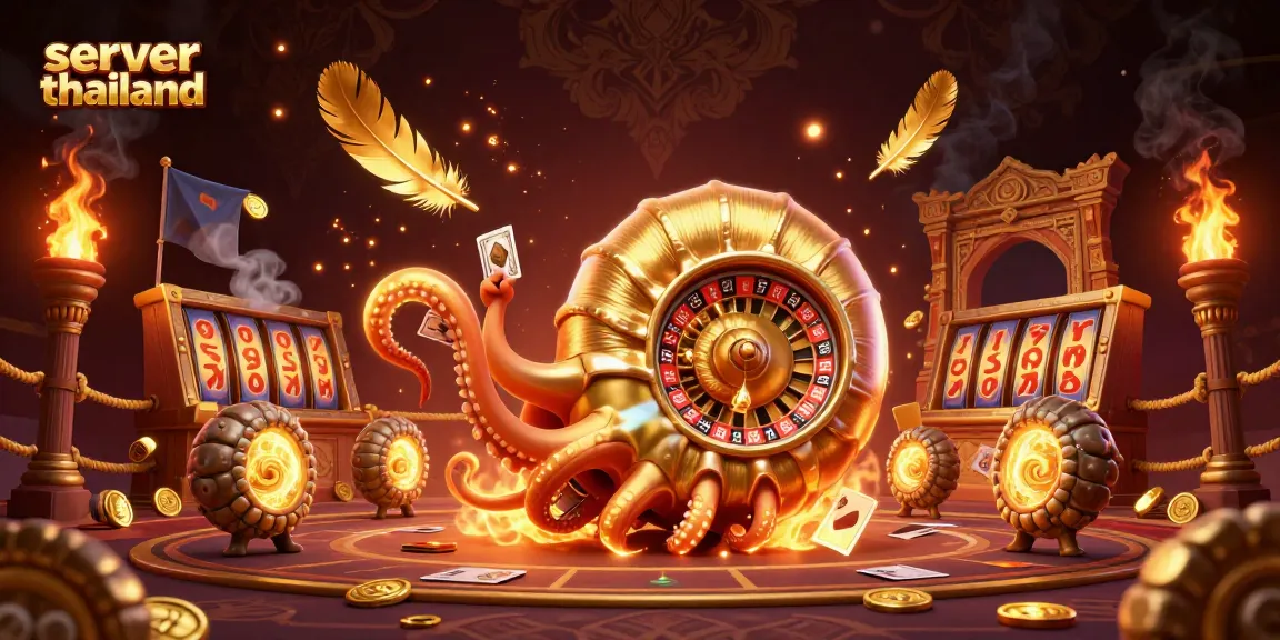 Spin to win at server thailand's vibrant slot scene featuring a golden nautilus and glowing ammonites.