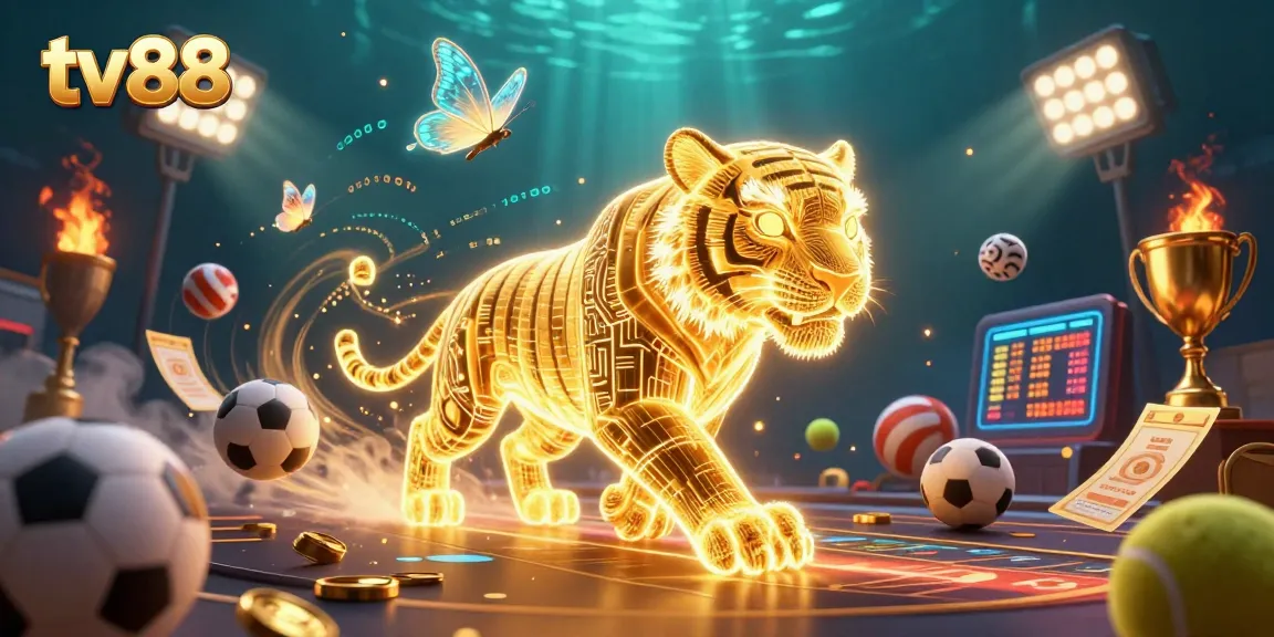 Bet on thrilling outcomes at tv88 with a neon-wireframe tiger in a dynamic casino landscape.