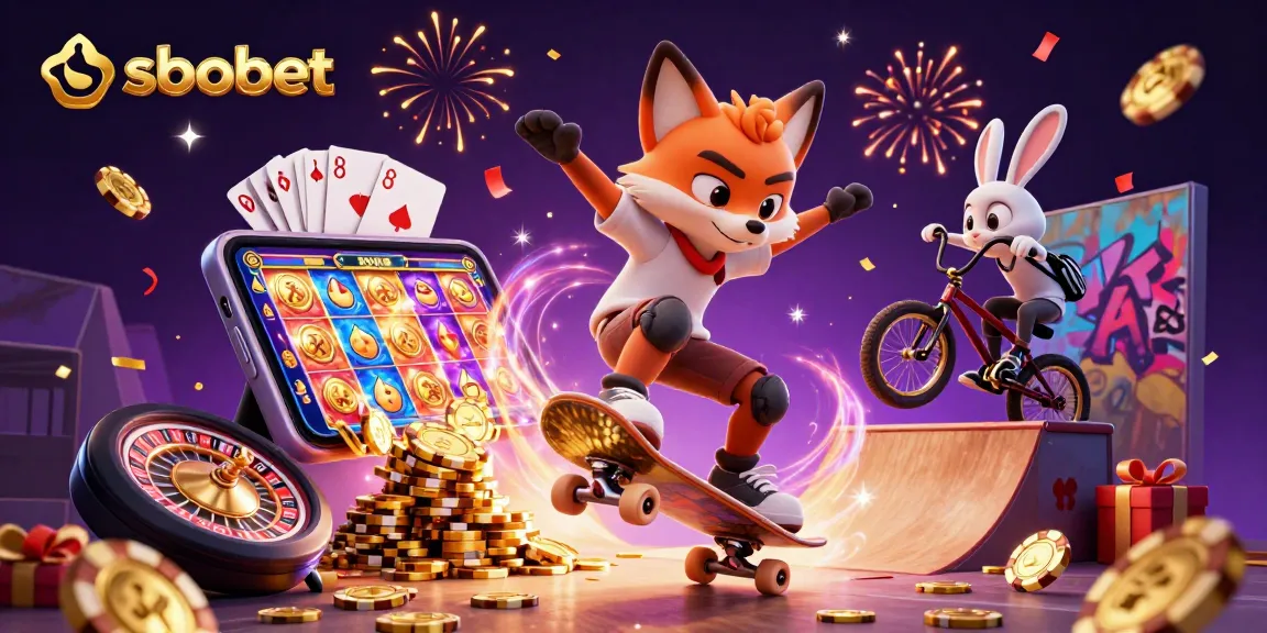 Experience sbobet's thrilling action with a skateboard fox and rabbit in a dynamic casino scene.