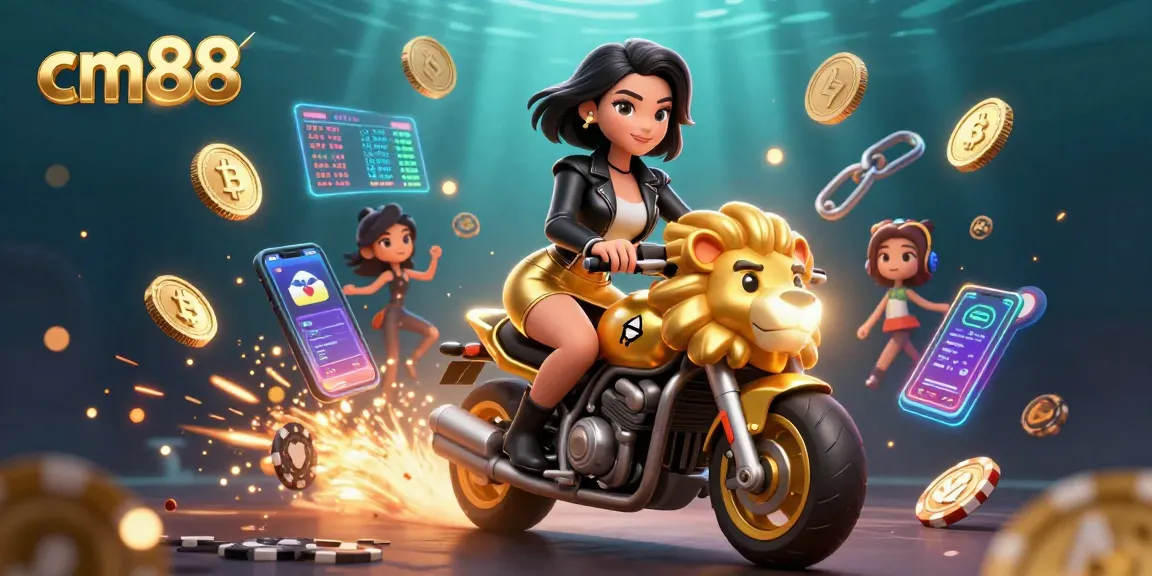 Experience thrilling gameplay at cm88 with a glamorous Asian woman riding a golden lion mascot.