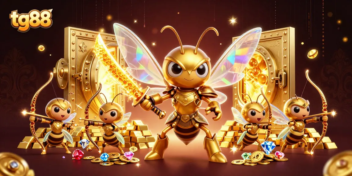 Experience gaming excitement with tg88, showcasing giant golden hornet and treasures in a vibrant casino setting.