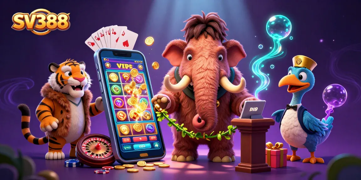 SV388 vibrant casino scene with cartoon characters, showcasing exciting betting elements.