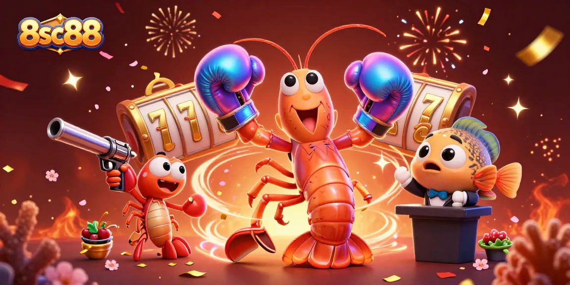 Win big with seamless gameplay at 8sc88, featuring vibrant 3D characters and celebratory elements.