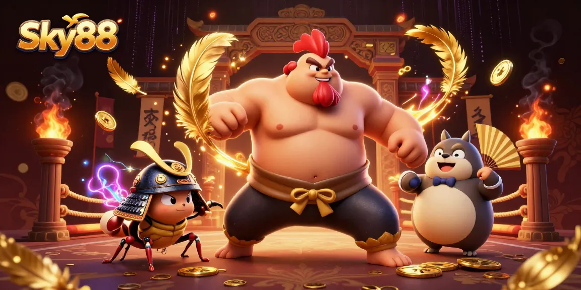 Engage in thrilling action at Sky88 with a sumo wrestler and samurai cricket in a vibrant casino arena.