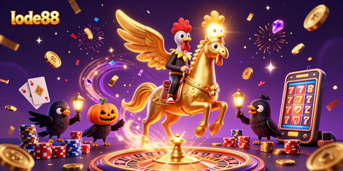 Win big at lode88 with this fantastical casino scene featuring 3D golden rooster in action.