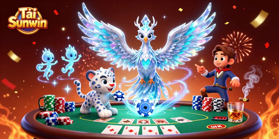 Experience Tải Sunwin with vibrant 3D visuals of cartoon characters around poker elements, evoking excitement.