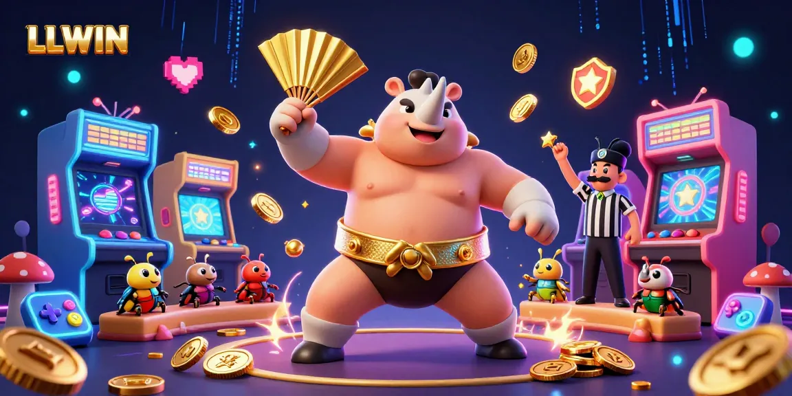 LLWIN offers thrilling gaming experiences with vibrant characters and coins flying in a rich casino atmosphere.