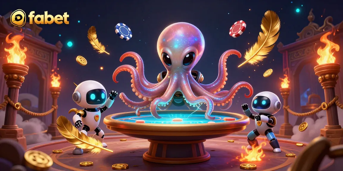 Engage in thrilling poker action with fabet's unique 3D alien octopus illustration at an intergalactic table.