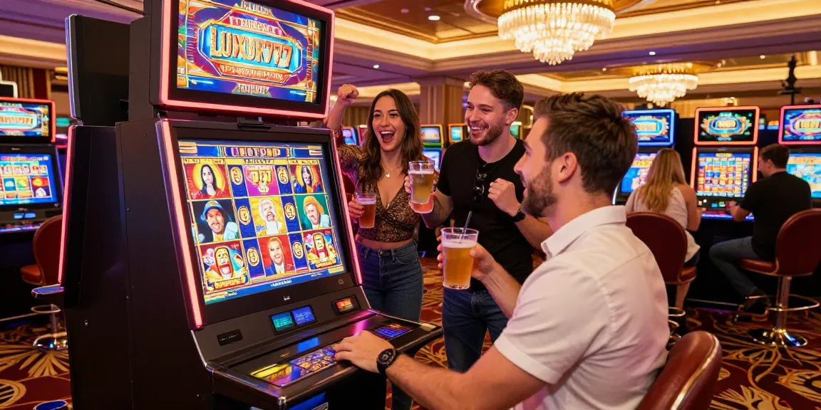 LUXURY777 mesin slot dengan teman merayakan kemenangan di kasino mewah