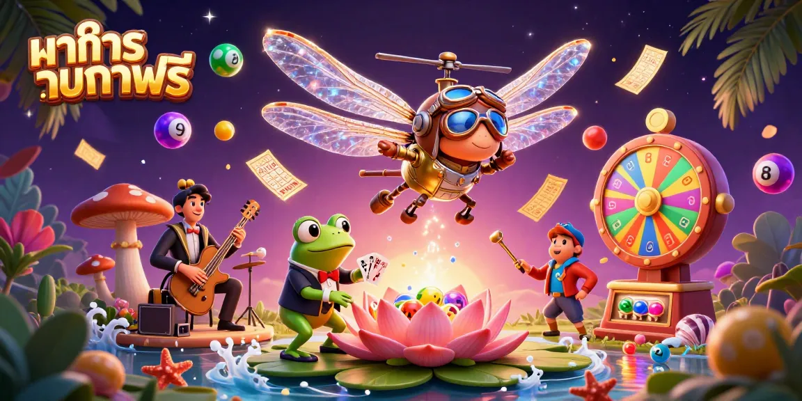 Engage in ทดลองบาคาร่าฟรี with a vibrant 3D casino scene featuring a dragonfly pilot, frog croupier, and jazz musicians.