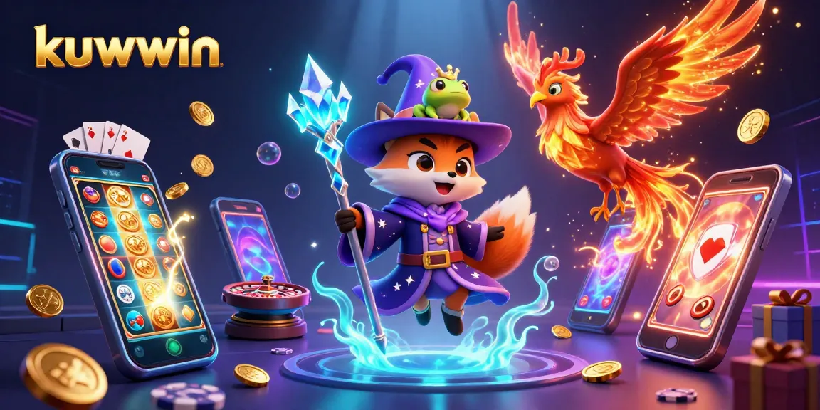 kuwwin's enchanting casino scene showcases a wizard fox, phoenix, and exciting game elements.
