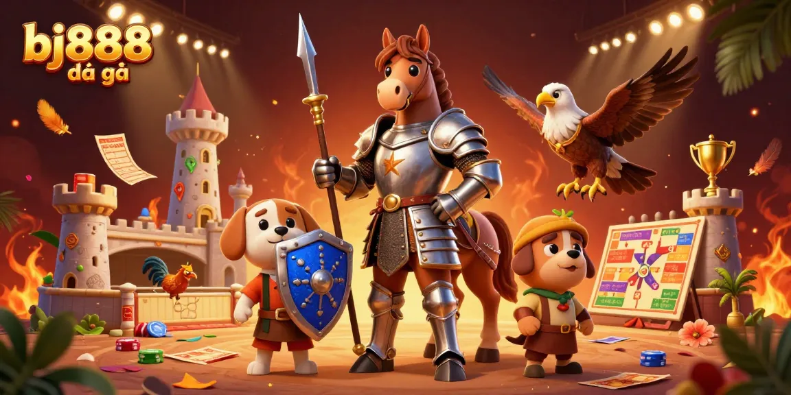 Engage in the thrilling bj888 đá gà action with knights, falcons, and colorful betting elements.