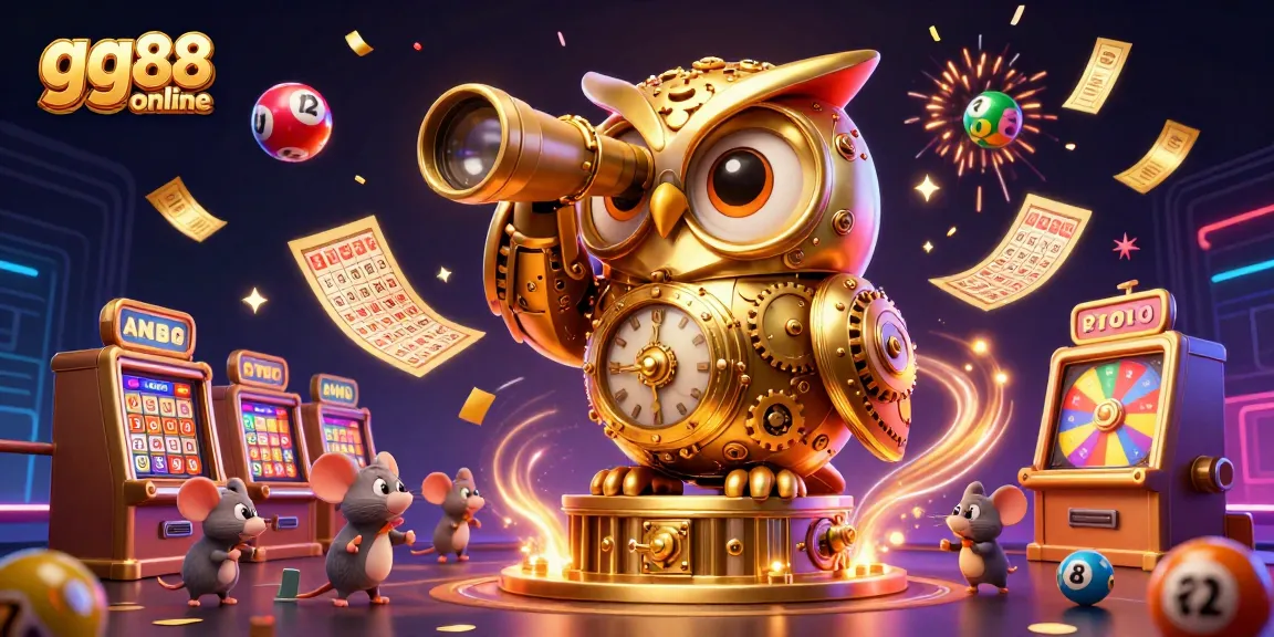Experience the excitement of gg88 online with vibrant casino illustrations featuring golden owls and festive lottery elements.