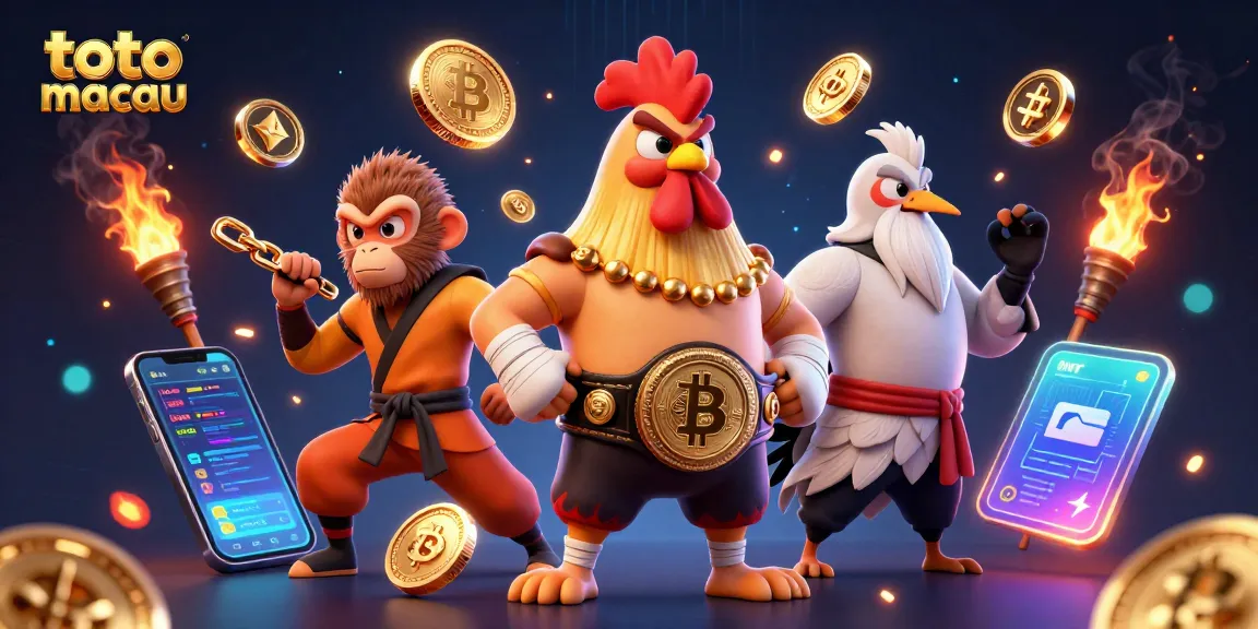 Menangkan permainan toto macau dengan ilustrasi karakter ayam Muay Thai, monyet Shaolin, dan burung jenjang menunjukkan aksi dalam suasana kasino.