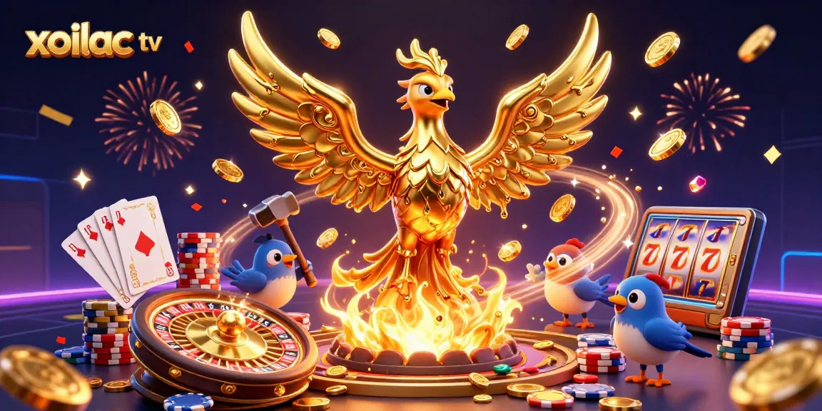 Xoilac TV's golden phoenix shines as it releases coins, showcasing vibrant gambling excitement.