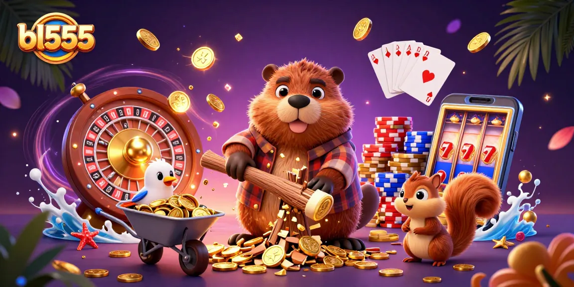Experience thrilling casino fun with bl555's dynamic scene of a beaver, bird, and squirrel amidst golden coins and casino elements.