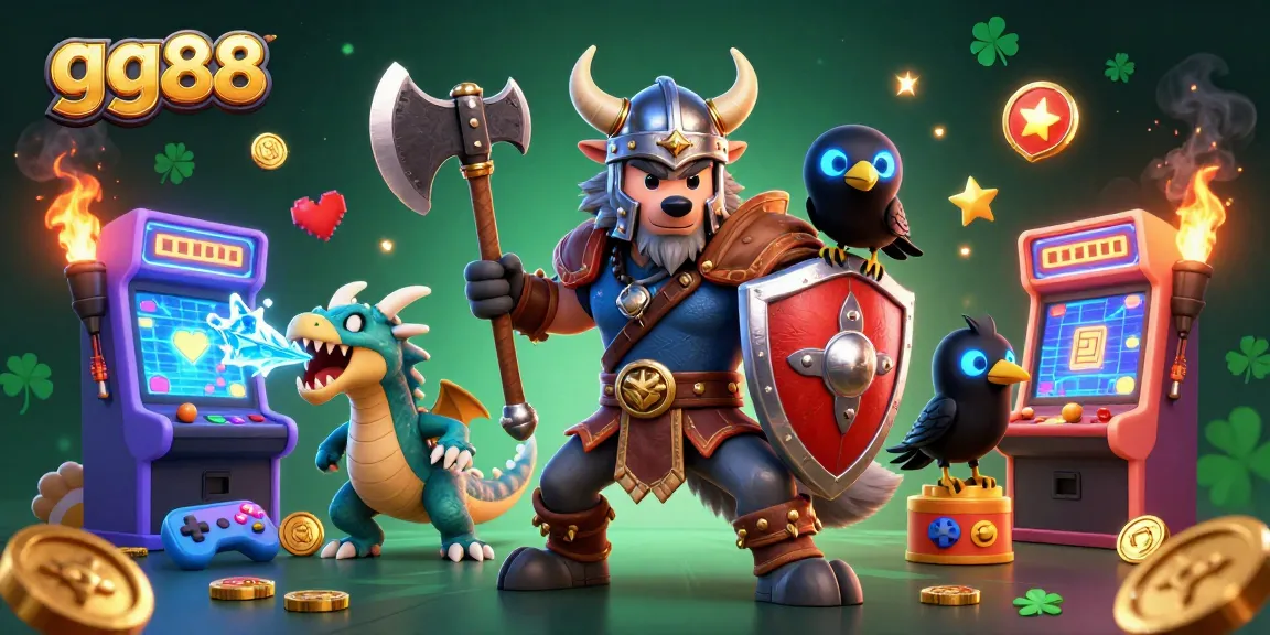 Engage with gg88's thrilling gaming realm featuring a Viking warrior and dragon amid vibrant casino elements.