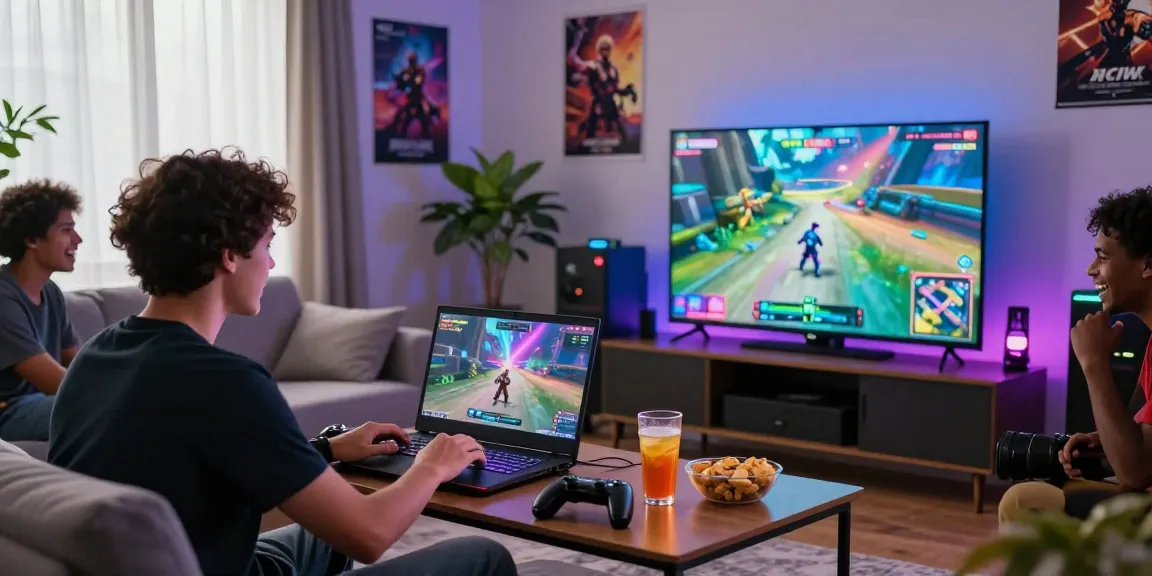 Engaged gamers enjoying iWin games in a vibrant living room with glowing screens and snacks.
