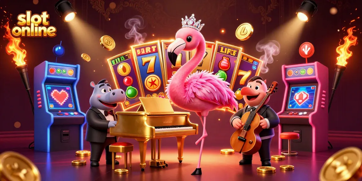 Slot online menampilkan flamingo penyanyi kasino dan hippo pemusik, beresensi kemenangan dan kesenangan.