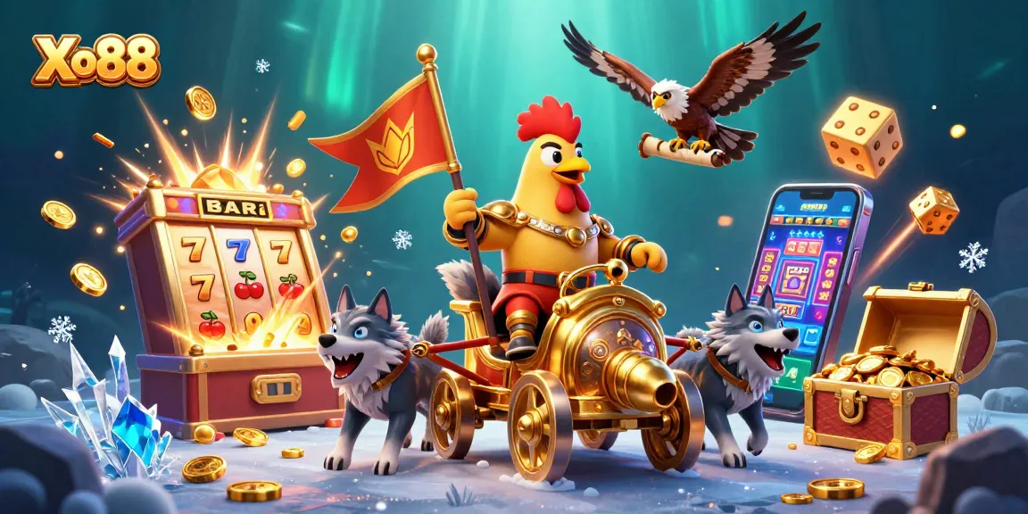Xo88's vibrant scene showcases a golden war chariot and slot machine bursting with winnings.
