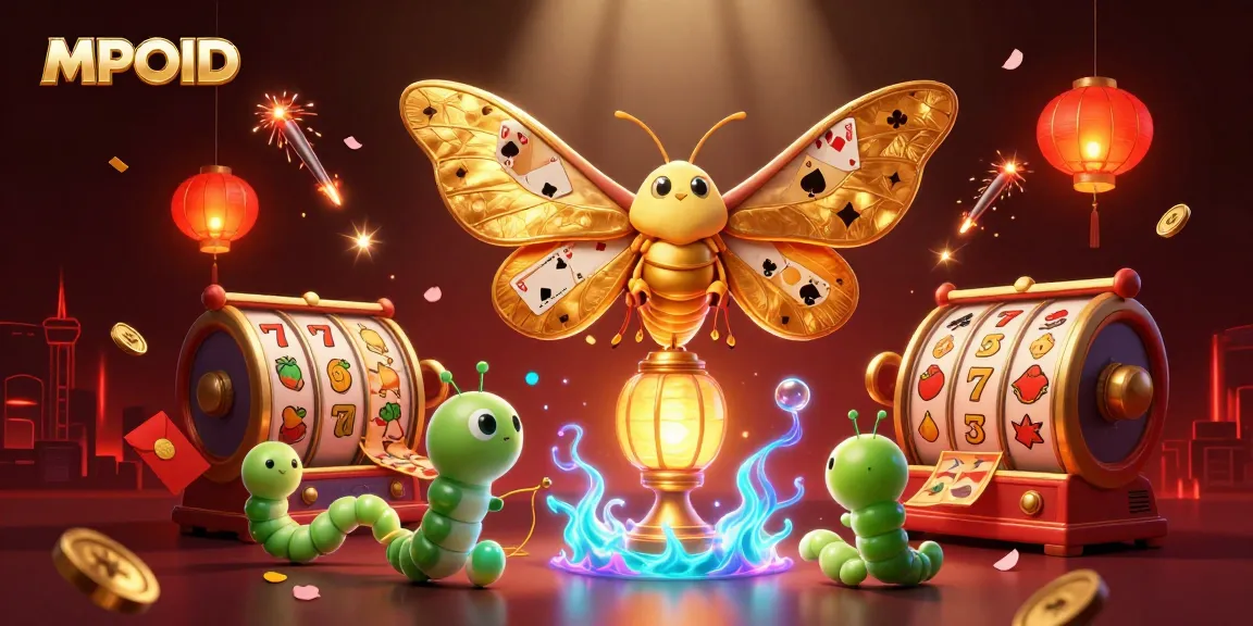 MPOID showcases a vibrant casino scene with a majestic moth and dynamic slot reels.