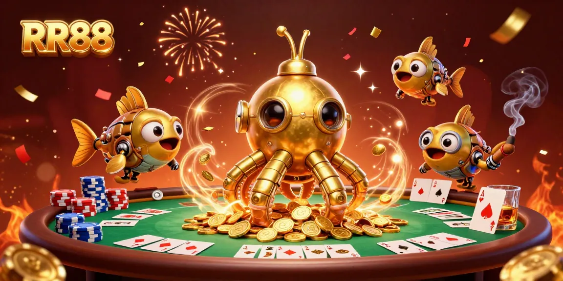 RR88 showcases a vibrant casino scene with the golden kraken submarine amidst poker excitement and riches.