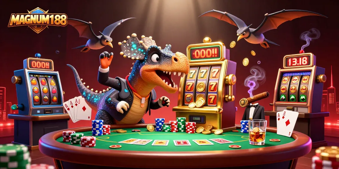 Experience thrilling wins at MAGNUM188 as a pachycephalosaurus interacts with a golden slot machine.
