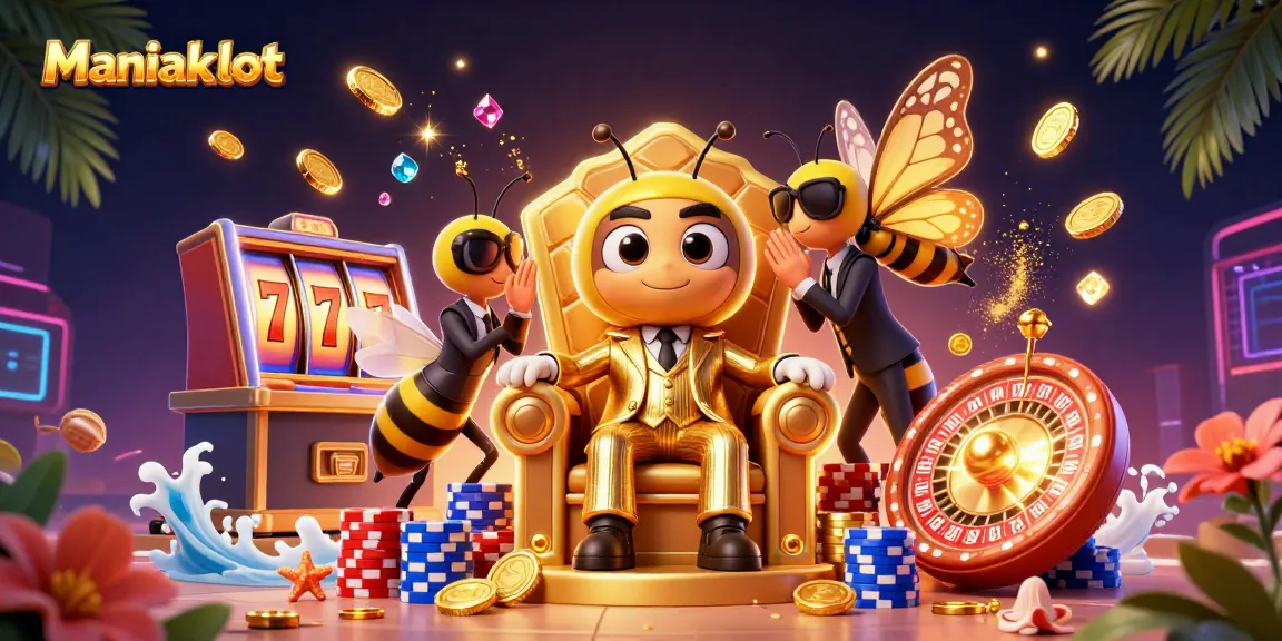 Spin the reels and win with Maniakslot in this vibrant 3D casino scene.