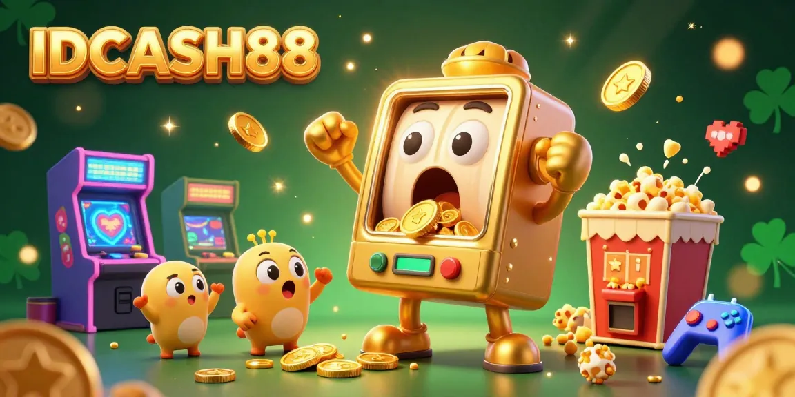 Engage with IDCASH88 in a vibrant digital arcade celebrating gaming and jackpots with golden slot machines.