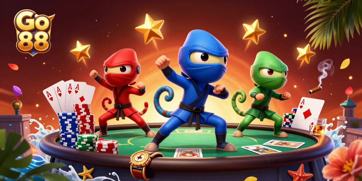 Experience thrilling poker action with Go 88, showcased by a team of ninja chameleons in vibrant poses.