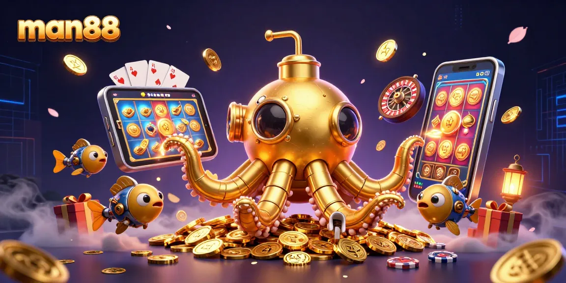 Experience man88 with a captivating golden kraken submarine amidst vibrant casino elements.