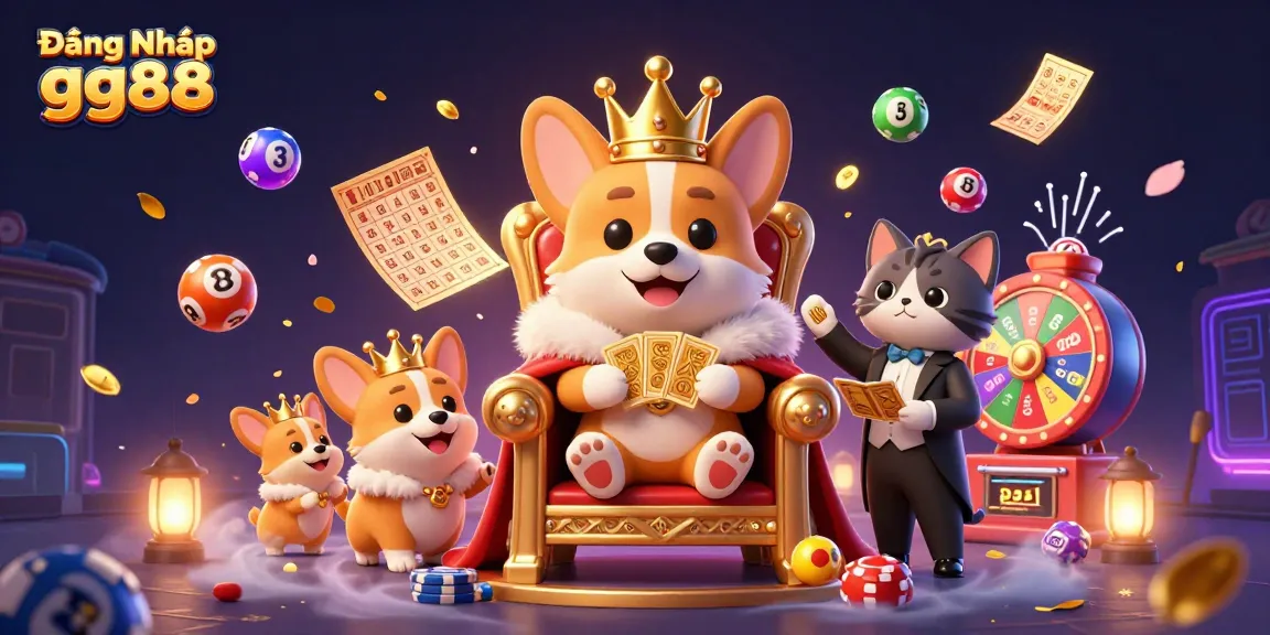 Engage in thrilling fun with Đăng Nhập gg88 as corgis celebrate with lottery balls and golden prizes.