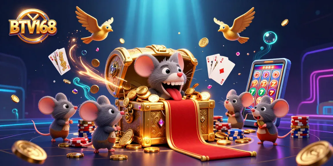 BTV168 offers thrilling gameplay with a treasure chest luring adventurer mice amidst sparkling gems and poker chips.